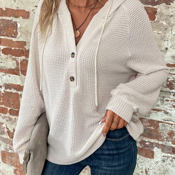 Apricot Casual Womens Half Button Raglan Sleeve Drawstring Hoodie - Picture 4 of 5